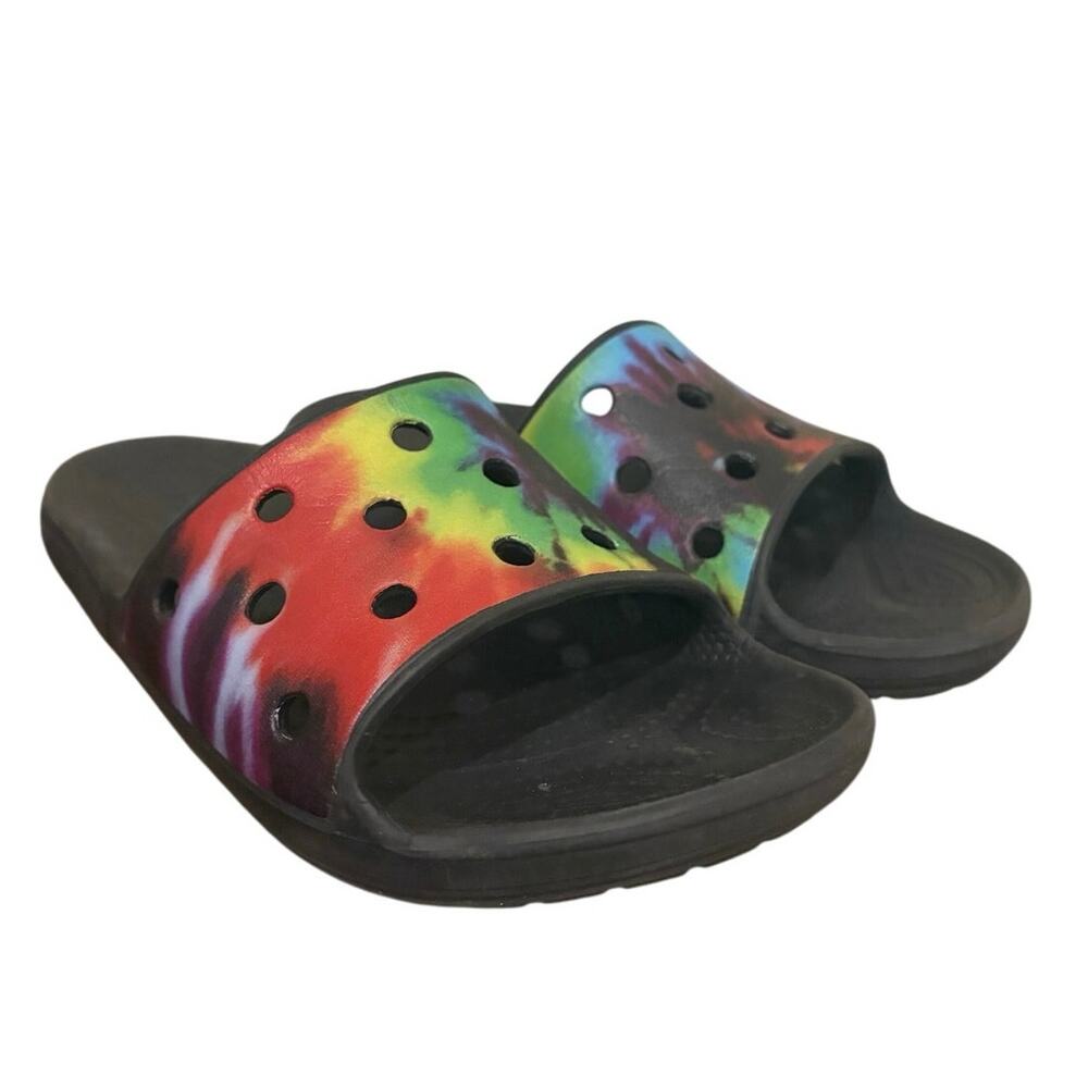 Crocs Kids Slide Sandals Size 5– Tie Dye Rainbow Strap Slip-On Comfort Shoes EUC